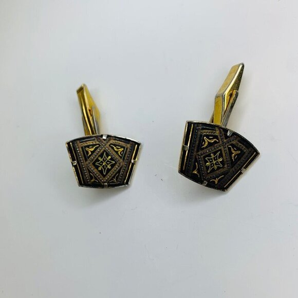 Vintage Unisex amascene Cufflinks Geometric Mod Diamond & Triangle Shapes Spain - Picture 1 of 9